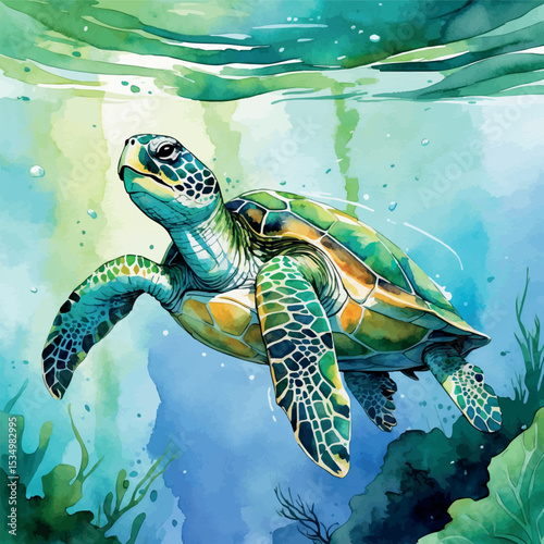 Sea turtle watercolor underwater. Blue-green tones with soft ripples and detailed shell.