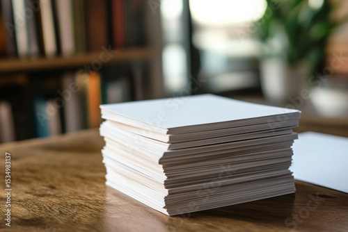 A neat stack of business cards placed on a wooden office desk for branding