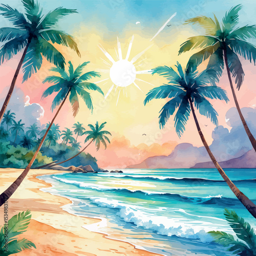 Tropical beach watercolor illustration – summer vacation paradise scene