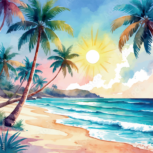 Tropical beach watercolor illustration – summer vacation paradise scene
