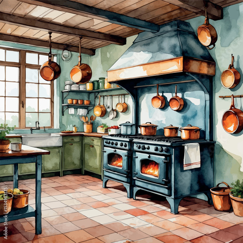 Vintage factory kitchen watercolor – industrial interior with iron stove and retro charm