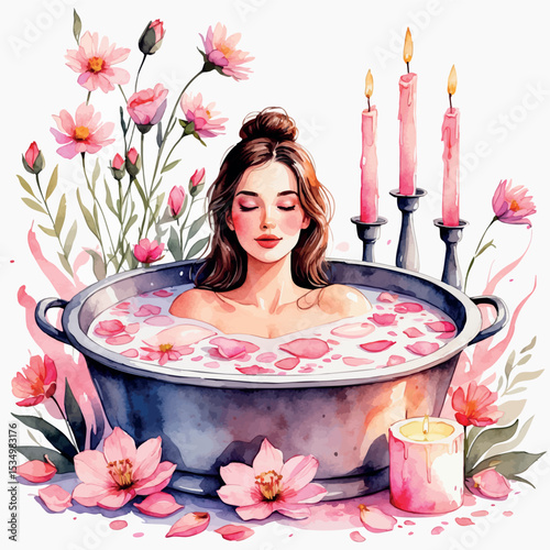 Watercolor vector of relaxing flower milk bath spa ritual with petals and candles