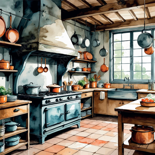 Vintage factory kitchen watercolor – industrial interior with iron stove and retro charm