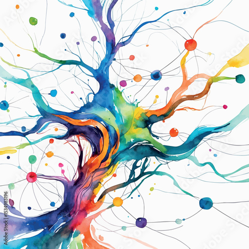 Abstract watercolor neural network with vibrant colors and flowing connections