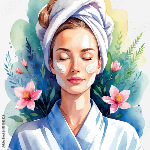 Anti-aging face treatment in spa – watercolor vector illustration of beauty care