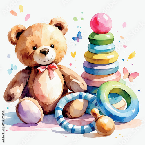 Watercolor baby toys set. Pastel teddy bear stacking rings and rattle on white background
