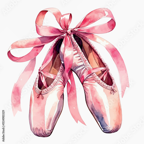 Watercolor pink ballet pointe shoes with satin ribbons elegant handpainted illustration