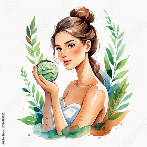 Watercolor vector of woman during body scrub exfoliation skincare treatment