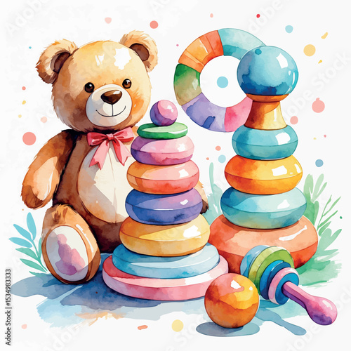 Watercolor baby toys set. Pastel teddy bear stacking rings and rattle on white background