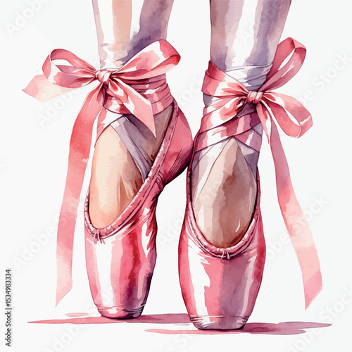 Watercolor pink ballet pointe shoes with satin ribbons elegant handpainted illustration