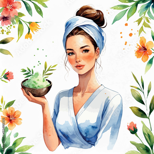 Watercolor vector of woman during body scrub exfoliation skincare treatment