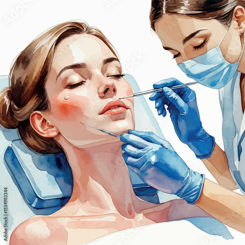 Watercolor vector of botox treatment session with professional and client