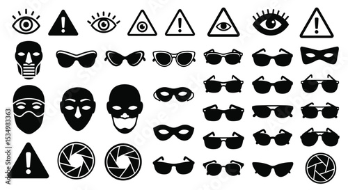 Iconic Representations of Vision Protection Surveillance and Disguise Through Masks Eye Symbols and Sunglasses