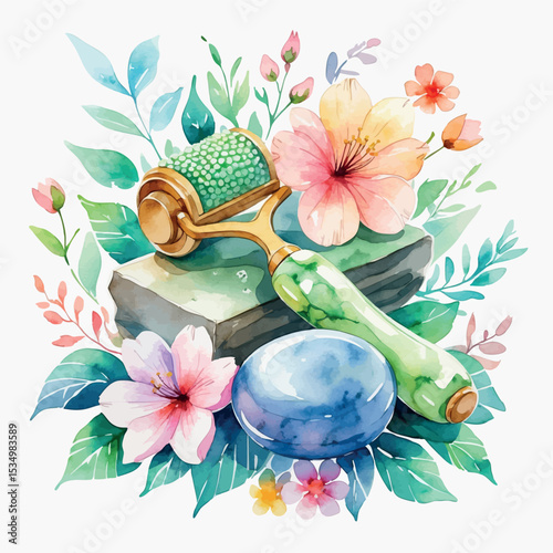 Watercolor vector of gua sha and jade roller tools for facial massage and skincare