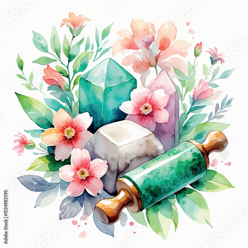 Watercolor vector of gua sha and jade roller tools for facial massage and skincare