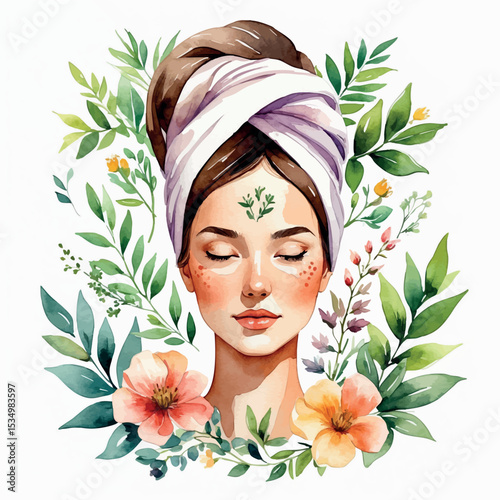 Watercolor vector of herbal facial treatment with towel wrap and botanical accents