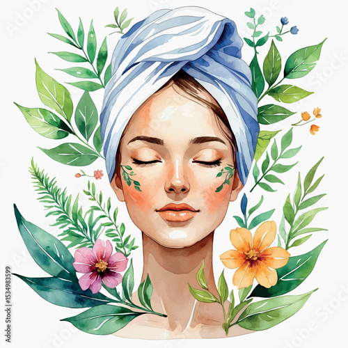 Watercolor vector of herbal facial treatment with towel wrap and botanical accents