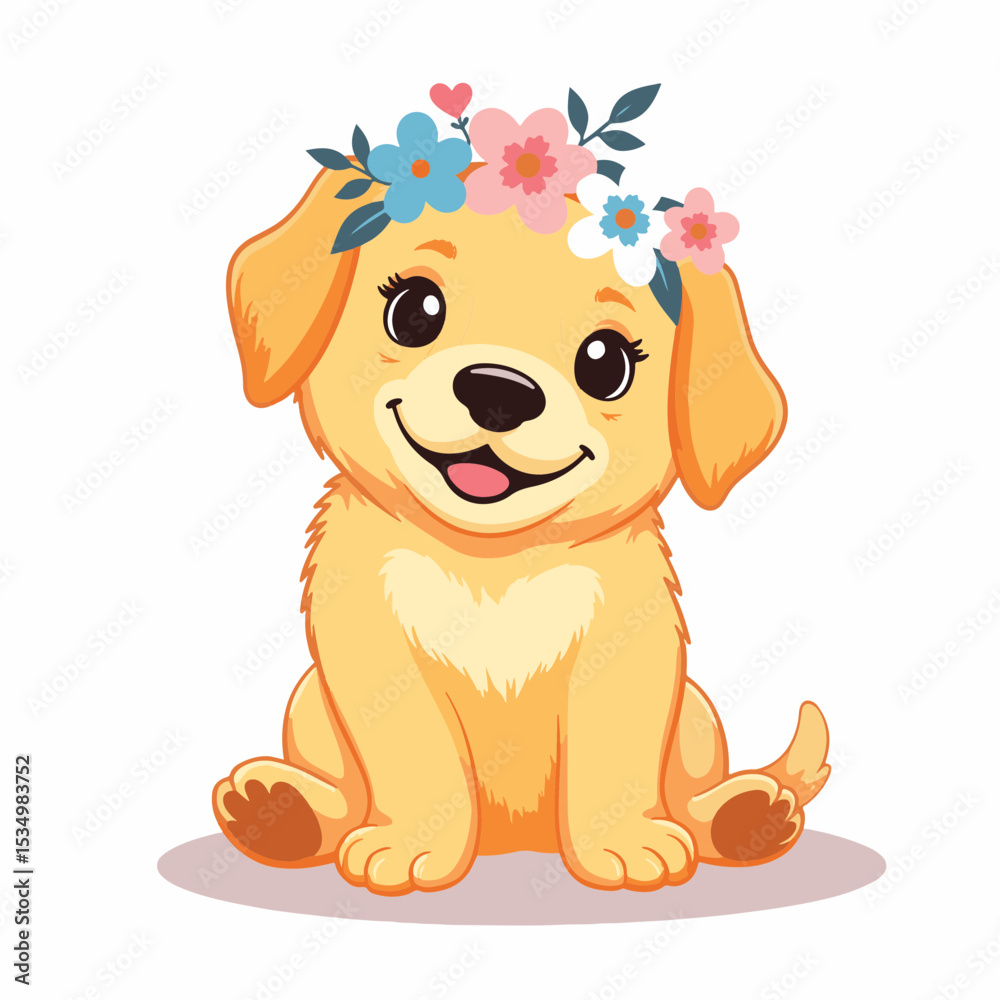 Playful puppy wearing floral wreath, cheerful illustration Playful puppy wearing floral wreath, cheerful illustration