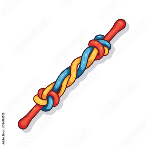 Brightly colored dog tug of war toy on white background, playful fun