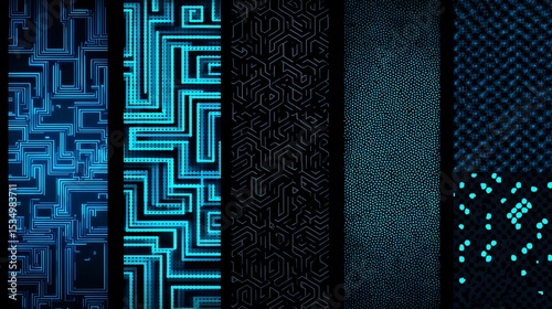 Digital Circuit Patterns in Blue and Black with Futuristic Geometric Design