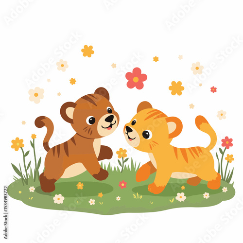 Playful tiger cubs frolicking in green meadow, innocence and joy