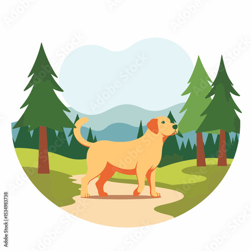 Playful Labrador retriever exploring hiking trail with trees, outdoor adventure