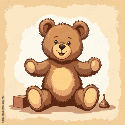 Vintage teddy bear with welcoming gesture in soft background, nostalgia
