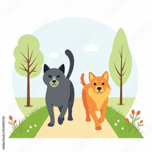 Cat and dog walking together in park, friendship and companionship