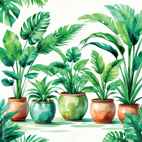 Watercolor tropical houseplants in pots. Bright greenery detailed botanical art
