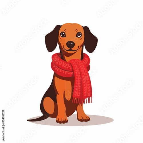 Dachshund wearing cozy red scarf, cheerful winter companion