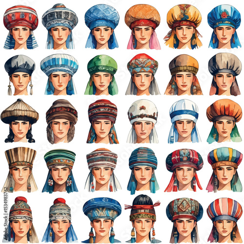Watercolor world traditional headwear collection handpainted vector set on white background
