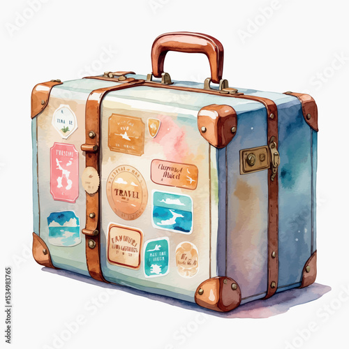Watercolor vintage suitcase with travel stickers isolated vector illustration