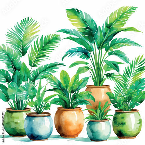 Watercolor tropical houseplants in pots. Bright greenery detailed botanical art