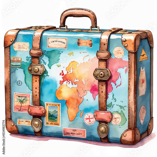 Watercolor vintage suitcase with travel stickers isolated vector illustration