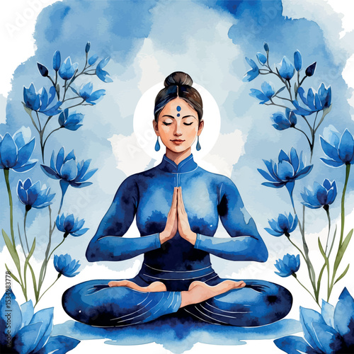 Watercolor meditation scene with blooming flowers symbol of inner peace and growth