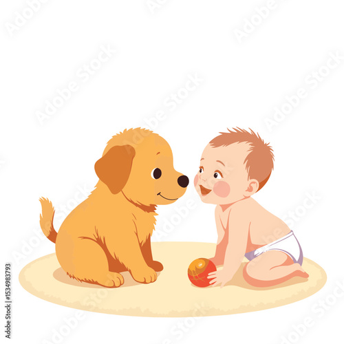 Joyful baby playing with fluffy puppy on pastel rug, childhood bliss