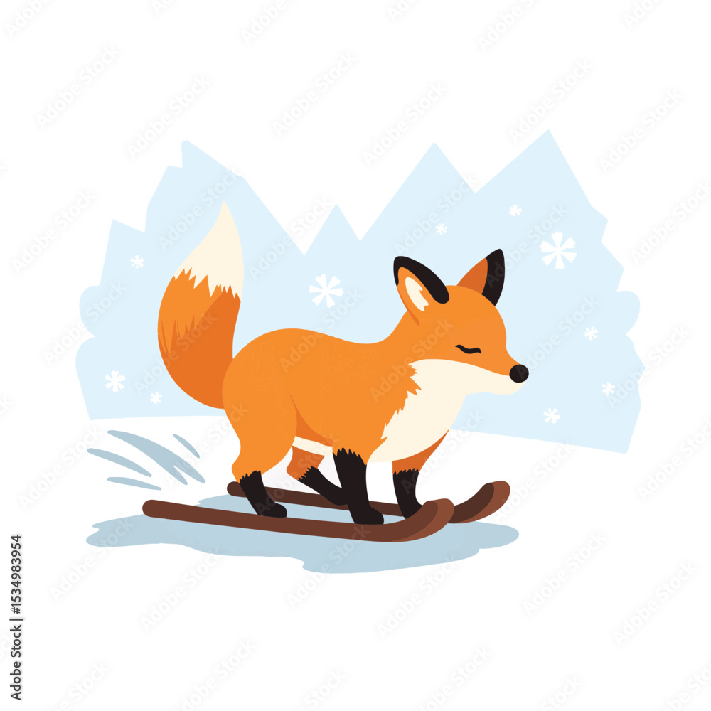 Fototapeta premium Playful fox gliding on sled down snowy hill, winter joy