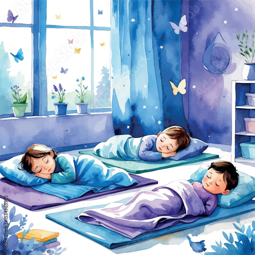 Watercolor kindergarten naptime illustration. Cozy scene with children sleeping on colorful mats isolated on white background.