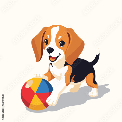 Joyful beagle puppy playing with colorful ball in minimal setting, fun