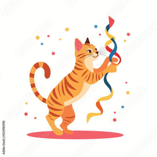Playful tabby cat batting colorful streamer on white background, joyfulness