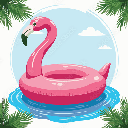 Bright pink flamingo pool float in calm water, summer fun