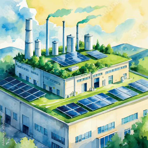 Eco-friendly factory watercolor – sustainable modern building with solar panels and plants