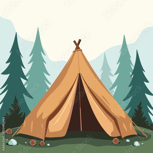 Cozy campsite setup with tent and pine trees, rustic tranquility