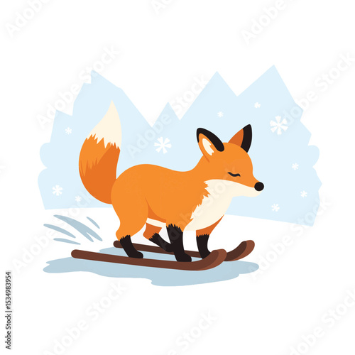 Playful fox gliding on sled down snowy hill, winter joy