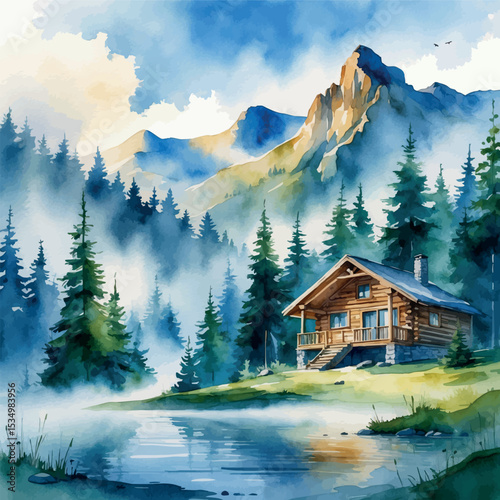 Watercolor mountain cabin – peaceful retreat vacation illustration