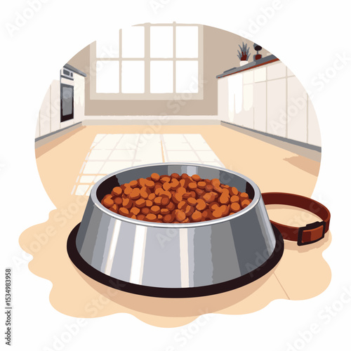 Sleek dog bowl filled with food in minimalistic kitchen setting, pet care