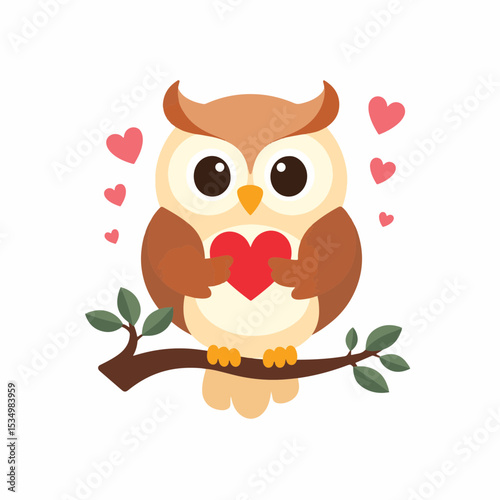 Cute owl holding heart on branch, symbol of love and affection