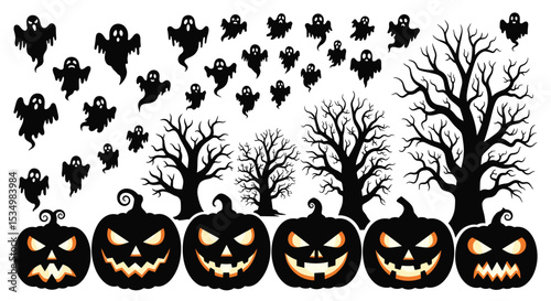 Spooky Silhouettes A Halloween Night Scene with Pumpkins Ghosts and Bare Trees