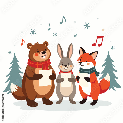 Cheerful animals singing carols in snowy forest, holiday spirit