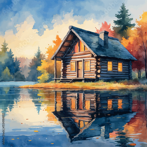 Watercolor log cabin by lake at sunset. Autumn scenery with reflections and warm glowing windows in loose painterly style.